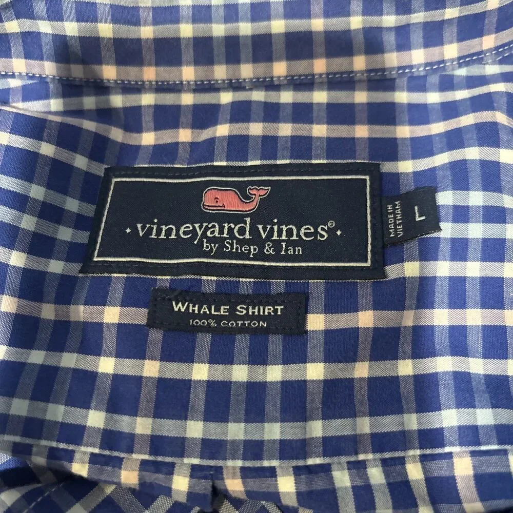 Vineyard Vines Men's Plaid Whale Shirt Button Down Pink Blue Size Large Preppy